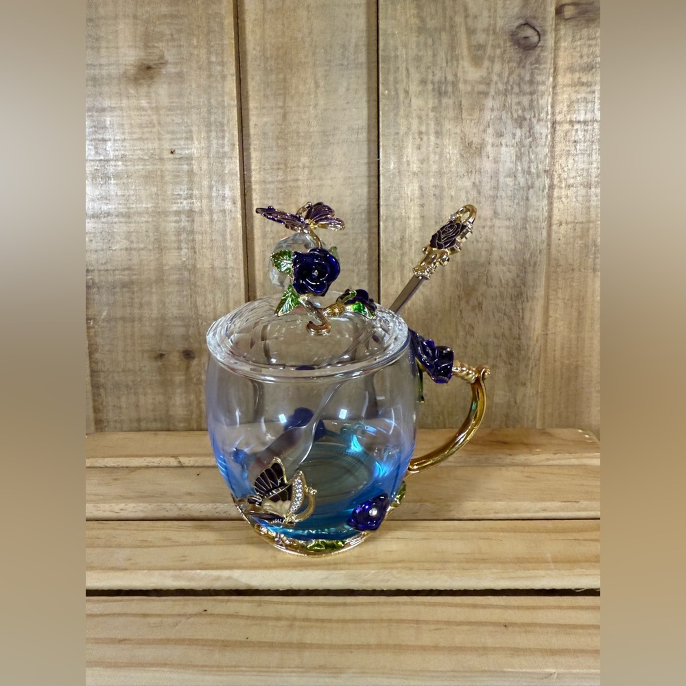 Deco Honey Sugar Lidded Jar W/ Spoon Bling Butterflies Clear Gold Color Trim EUC